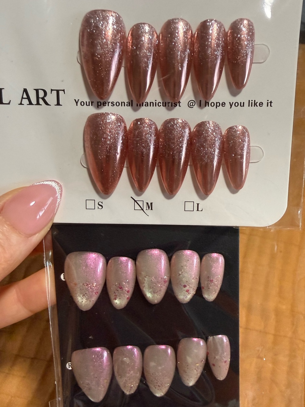 Sparkling Rose Gold & Iridescent Pink Press-On Nail Sets x2 Size Medium Almond